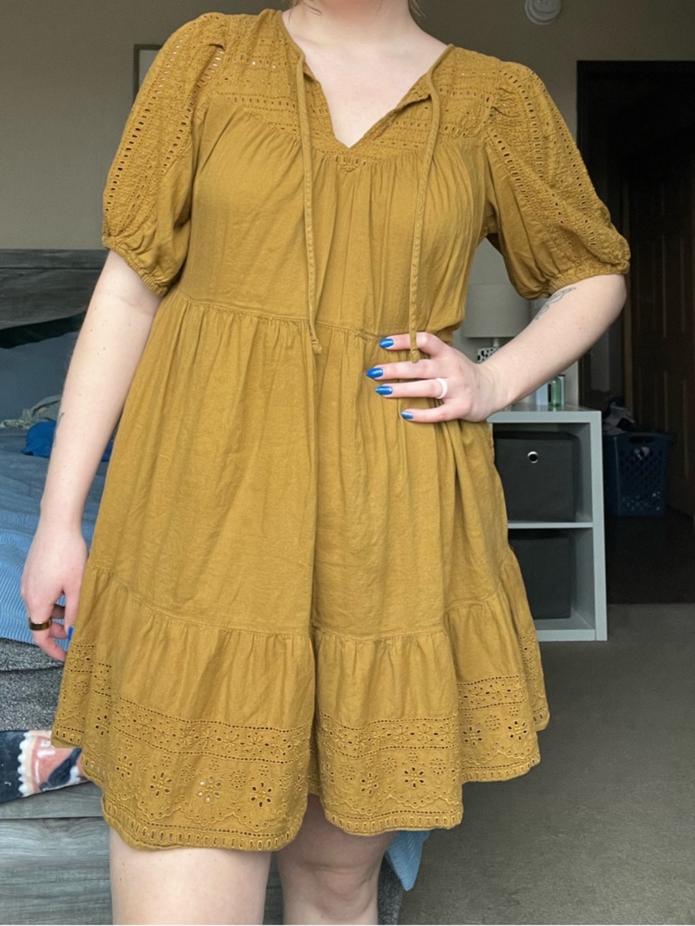 Eyelet Tiered Dress with Puff Sleeves